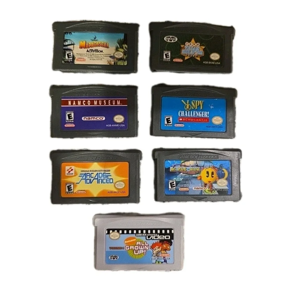Lot Of 7 Game Boy Advance TX HOLDEMS SPY PAC-MAN RUGRATS MADAGASCAR NAMCO ARCADE